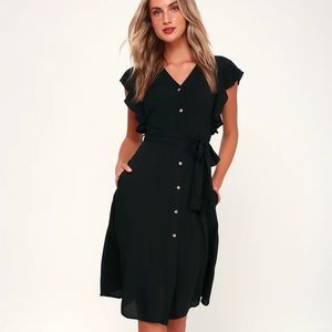 Lulus Capri Coast Black Button-Front Midi Dress S